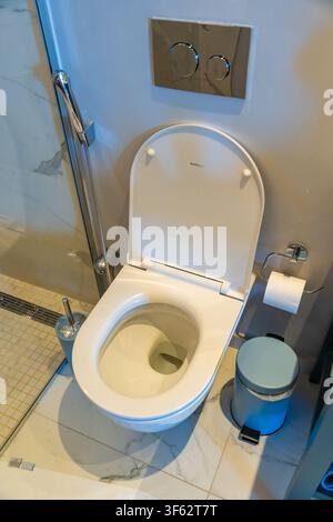 Moderne wandhängende Toilette mit verstecktem Spülensystem neben einer Dusche zum Hineingehen. Zeitgenössisches Badezimmerinterieur, Hygiene und Wohnkomfort. Stockfoto