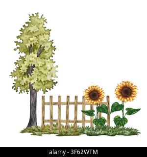 Ein grüner Baum neben einem Holzzaun und Sonnenblumen. Die Illustration ist handgezeichnet in Aquarell. Ein farbenfrohes Bild einer ländlichen Landschaft. Isolieren. Für Stockfoto