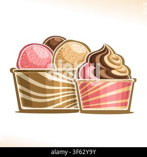 Vektorillustration von Eiscreme, Plakat mit Soft-Serve-Neapolitaner-Eis in einer Mitnahmebeschaltung, 3 farbenfrohe Kugeln italienischen Gelato in Pappe Stock Vektor