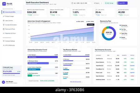Professionelle Software-Schnittstelle, die Finanzanalysen, Benutzerwachstumsdiagramme und Umsatzkennzahlen für Geschäftsbetriebe anzeigt. Stock Vektor