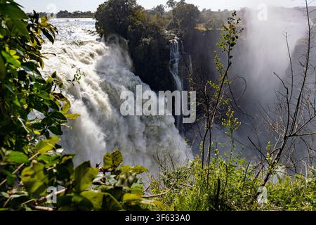 Victoriafälle in der Regenzeit mit starker, schwerer Wasserströmung - Victoriafälle, Victoria-Falls-Nationalpark, Simbabwe Stockfoto
