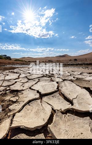 Nahaufnahme von trockener, ausgetrockneter Erde in der Nähe des überfluteten Sossusvlei-Salzpfannes im Namib-Naukluft-Nationalpark, Namibia, Afrika Stockfoto