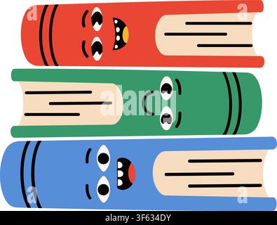 Groovy Cartoon-Buchstapel mit lustigen Gesichtern. Niedliches handgezeichnetes Designelement, trendige Vektorillustration Stock Vektor
