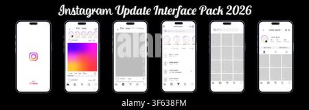 Apple iPhone 16-Modell mit Instagram-Schnittstellen-Update 2026. Mobile Anwendungsscreens mit Startbildschirm, Feed, Reels, Nachrichten, Suche und Pro Stock Vektor