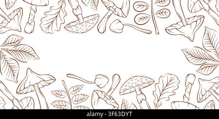 Pilz, Herbstblätter im Linienkunststil-Rahmen. Naturlust-Element-Illustration für Banner-, Posterhintergrund. Stock Vektor