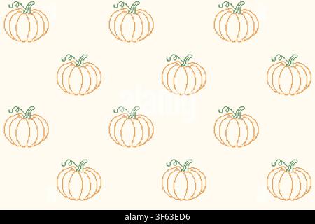 Herbst-Kürbis-Kreuzstich-Stickerei nahtloses Muster-Banner. Vintage-pixelige Handarbeit wiederholender Hintergrund mit handgefertigter monochromer Orange Stock Vektor