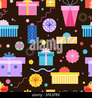 Weihnachts- oder Geburtstagsgeschenke-Vektor-Muster ohne Naht. Flaches geometrisches Design mit bunten Geschenken, Schleifen und Konfetti auf dunklem Hintergrund. Kreative colo Stock Vektor