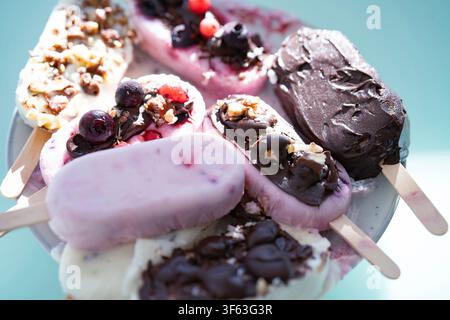 Bunte Runde aus hausgemachtem Joghurt- und Milch-Eis am Stiel. Vanille und Schokolade, verziert mit Nüssen und gefrorenen Beeren auf hellem blauem Hintergrund. Perfekt für eine sommerliche Kindergeburtstagsfeier. Stockfoto