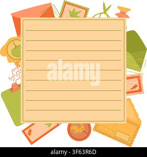Herbstlicher Briefpapierrahmen mit Schreibpapier, Umslägen, Briefmarken und Wachssiegel. Stock Vektor