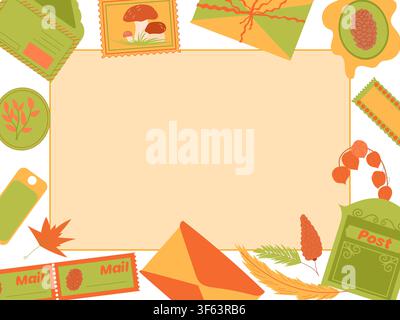 Herbstlicher Briefmarkenrahmen mit Briefumschlägen, Briefmarken, Briefkasten, Wachssiegel, Ahornblätter. Stock Vektor