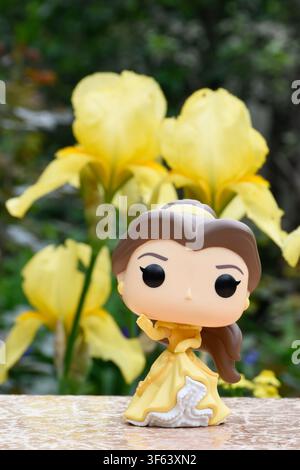 Funko-Pop-Actionfigur der Disney-Prinzessin Belle aus dem Animationsfilm Die Schöne und das Biest. Puppe steht vor gelben Schwertlilien. Stockfoto