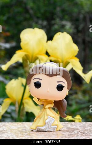 Funko-Pop-Actionfigur der Disney-Prinzessin Belle aus dem Animationsfilm Die Schöne und das Biest. Puppe steht vor gelben Schwertlilien. Stockfoto