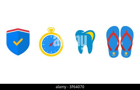 Sicherheit-Zeit-Zahn-Gesundheit-und-Sommerurlaub-Symbole für Konzeptpräsentation oder Webdesign Stock Vektor