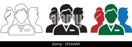 Team-Vektor-Ikonen-Set in Umriss-, solider schwarzer Silhouette und Farbstilen auf weißem Hintergrund. Stock Vektor