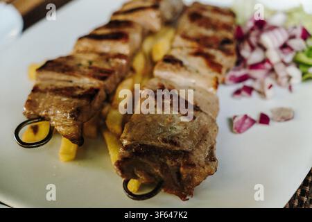 Nahaufnahme von saftigen gegrillten Schweine-Spießen, serviert über knusprigen Pommes frites mit frischer Zwiebel- und Salatgarnitur. Traditionelles gegrilltes Restaurantgericht. Stockfoto