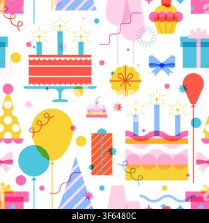 Vektormuster für eine Geburtstagsfeier. Geometrisches Flachdesign mit Festtagskuchen, Desserts, Geschenkkartons, Hüten und Luftballons auf weißem Hintergrund. Col Stock Vektor