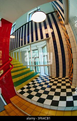 Modernes Interieur mit farbenfroher Fliesen-Treppe und Wänden Stockfoto