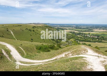Blick entlang der South Downs vom The Devils Dyke nahe Brighton, East Sussex, England. Stockfoto