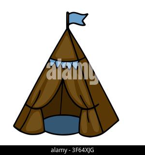 Niedliche braune Tipi-Zelt-Vektorillustration mit blauer Flagge und Wimpel für Kinderzimmer-Dekoration Stock Vektor