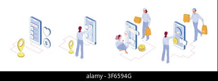 Satz von isometrischen Kompositionen für Online-Liefer-App. Illustration für Lebensmittelliefer-Schnittstellen, E-Commerce-UX, Service-App Stock Vektor