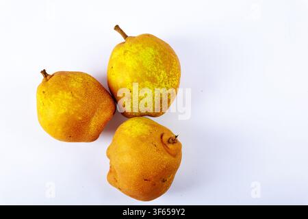 Drei kolumbianische lokale Birnen (Pyrus communis) isoliert auf weißem Hintergrund, Studienfruchtkomposition Stockfoto
