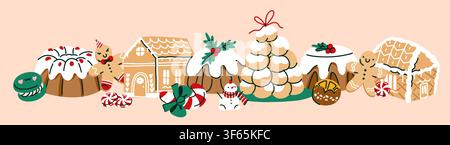 Weihnachtsnaschereien und Feiertagsbackwaren-Bordüre mit Lebkuchenhaus, Keksen, Kuchen, Zuckerstange, Marzipanpyramide und festlichen Desserts in gemütlicher Hand Stock Vektor
