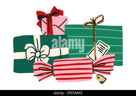 Gestapelte Weihnachtsgeschenke mit festlichen Geschenkkartons, bunten Schleifen und Feiertagsverpackungsillustration Stock Vektor