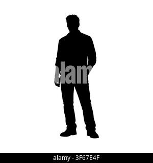 Die Silhouette zeigt einen Mann, der aufrecht in einer entspannten Haltung steht. Der Hintergrund ist schlicht. Die Figur scheint in einer neutralen Umgebung ohne spezifische Details zu sein. Stock Vektor