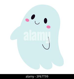 Niedliche schwebende Halloween-Geist-Vektorillustration. Cartoonfreundlicher gruseliger Phantomcharakter mit lächelndem Gesicht, isoliert auf weißem Hintergrund. Handgezogenes Element für Herbstfeierdekoration, Aufkleber. Stock Vektor