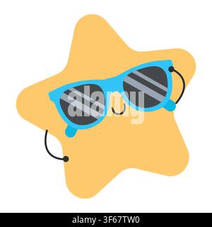 Niedlicher cooler gelber Stern mit Sonnenbrille, Cartoon-Figur isoliert auf weißem Hintergrund. Lustige Sommer-Stern-Vektorillustration Stock Vektor
