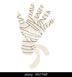 Niedliche Halloween-Mumienhand-Vektorillustration. Cartoon-grusliger bandagierter Monsterarm isoliert auf weißem Hintergrund. Handgezeichnetes Element für gruseliges Herbstferienparty-Dekor, Aufkleber Stock Vektor