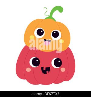 Niedliche gestapelte Halloween-Kürbisse Vektorillustration. Cartoon lustige orange und rote Kürbischaraktere mit lächelnden Gesichtern isoliert auf weißem Hintergrund. Handgezogenes gemütliches Herbstferien-Element, Aufkleber Stock Vektor