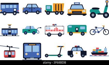 Sammlung von farbenfrohen städtischen Transportfahrzeugen im Flachdesign. Modernes Stadtverkehrs-Symbolset mit Lastwagen, Autos, Rollern und Fahrrädern. Stock Vektor