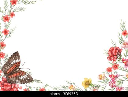 Sommerrahmen mit braunem Schmetterling und Wildblumen aus Löwenmaul. Handgezeichneter Aquarellhintergrund mit Kopierraum. Florales Vorlagen für Grußkarten. Cottagecore botanisches Posterdesign. Stockfoto
