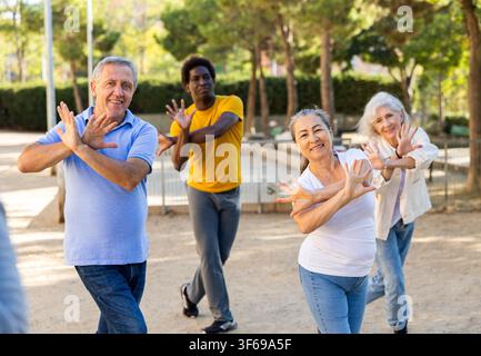 Gruppe von multirassischen Freunden, die sich im Freien treffen und einfache Bewegungen an einem sonnigen Herbsttag tanzen Stockfoto