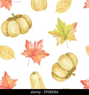 Nahtloses Aquarellmuster mit Erntekürbissen, Kürbis und farbenfrohen Ahornblättern. Wiederholbares Herbstdesign für Stoff, Tapete, Briefpapier und Meer Stockfoto