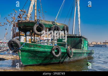 Ein verwittertes grünes Holzboot mit Reifenfendern, das am Nil in Luxor, Ägypten, festgemacht ist, mit Vögeln im Flug und dem Luxor-Tempel im dunstigen Hintergrund. Stockfoto