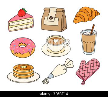 Handgezeichnetes Kaffee-Bäckerei-Dessert-Nahrungsmittel- und Element-Doodle-Flächenfarbe- und Umriss-Set. Stock Vektor