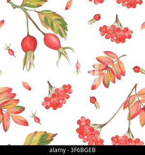 Aquarell-Muster ohne Rand mit Hagebutten, Ebereschenbeeren und Herbstblättern Stockfoto