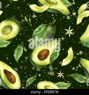 Avocado-Muster ohne Naht isoliert auf dunklem Hintergrund. Aquarellhandgemalte botanische Illustrationen. Ganze Avocados, geschnittene Hälften mit Steinen, grün Stockfoto