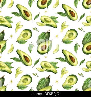 Avocado-Aquarell-Muster ohne Naht isoliert auf weißem Hintergrund. Handgemalte botanische ganze Avocados, geschnittene Hälften mit Steinen, grüne Blätter, Scheiben Stockfoto