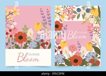 Blumenblüten-Kartenvorlagen in flachem Designstil für Frühlingsgrußkarten und Einladungen Stock Vektor