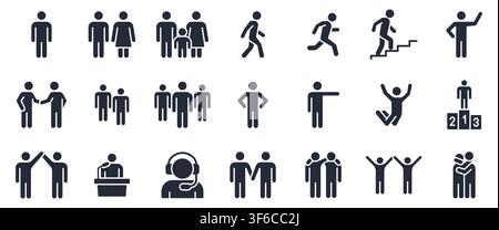 Leute-Glyphen-Symbole-Set. Person geht, rennt, glücklicher Mann, Familie, Unternehmensleiter, Freunde umarmen, Teamgruppe, Mutter Sohn minimalistische Vektorillustrationen Stock Vektor