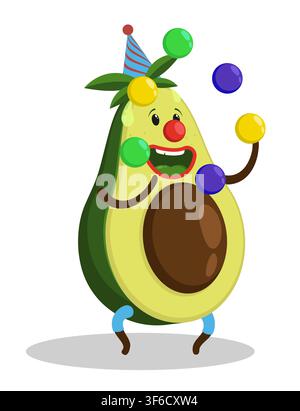 Fröhlicher Avocado-Charakter Zirkusclown unterhält Zuschauer, indem er bunte Bälle jongliert. Cartoon-Vektor isoliert auf weißem Hintergrund Stock Vektor