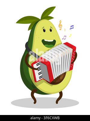 Fröhlicher Avocado-Charakter-Musiker an einem Akkordeon-Tastatur-Musikinstrument und singt ein Lied. Spontanes Straßenkonzert. Cartoon-Vektor isoliert auf weiß Stock Vektor