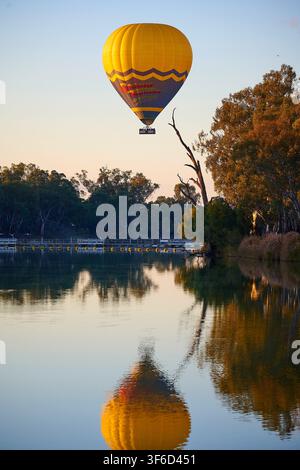Ein kommerzieller Ballon fliegt tief über den Murray River, bei Lock 11, Mildura. Spätnachmittagslicht, wobei der Ballon sich im Wier-Pool spiegelt. Stockfoto