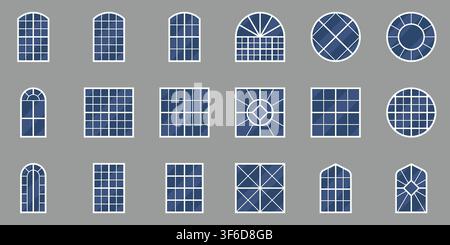 Grauer Hintergrund Sonnenstrahl-Bogen und Speichen-Rad-Fenster-Symbol-Set Vektorillustration Stock Vektor