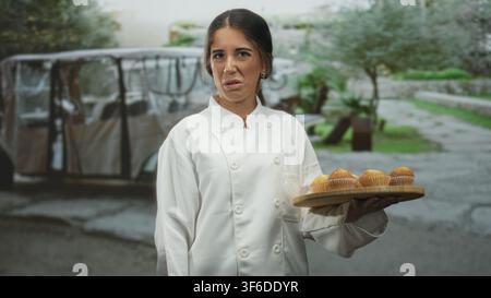 Die Chefkochin hält auf der Straße in der Nähe von Parkwagen und Bäumen ein hölzernes Tablett mit Muffins und grimmigem Gesicht. Stockfoto