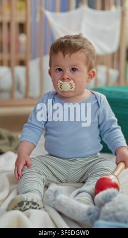 Kleiner Junge sitzt auf einer Decke, hält einen Schnuller und eine Holzrassel in der Nähe eines Kinderbetts in einem Gebäude; ruhige Neugier sanftes Spiel. Stockfoto