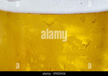 Makroaufnahme, die frisches goldenes Bier in einem Glas einfängt, mit Wassertropfen auf der Oberfläche und einem dicken weißen Schaumkopf oben Stockfoto